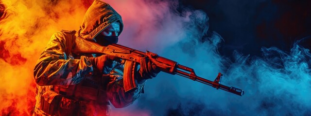 Wall Mural - A soldier equipped in camouflage attire, helmet, and protective mask, steadying his rifle as he takes aim with determination.