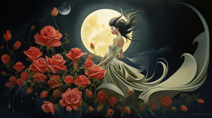 Wall Mural - woman with Image of the moon in the night sky