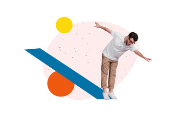 Sticker - Creative collage picture illustration shocked surprised amazed young man game playground balance down colorful figure exclusive template