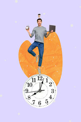Poster - Vertical collage creative poster multitasker happy smile young man worker gadget laptop time clock pose exclusive colorful template