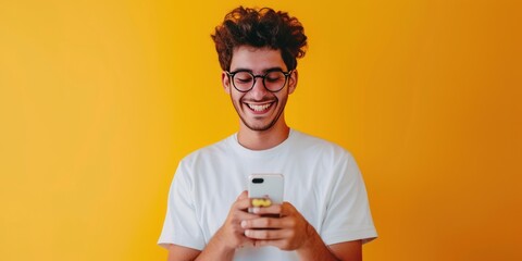 Wall Mural - A cute young blogger, vlogger, or influencer receives emojis and reaction emoticons on his mobile smartphone device while posting