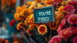A dry bouquet of flowers, and a sign with a witty text stating YOU'RE FIRED.