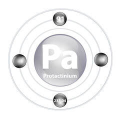 Protactinium (Pa) Icon structure chemical element round shape circle grey, black with surround ring. Period number shows of energy levels of electron. Study science education. 3D Illustration vector