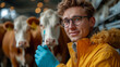 Veterinarian holds a syringe with vaccine on the background of a dairy cow in a cow barn ,generative ai