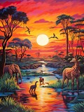 Vibrant African Safari Animals: Acrylic Landscape Art Showcasing Colorful Safari Scenes