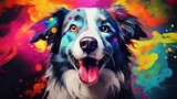 Fototapeta  - Portrait of funny smiling, colorful dog with color painting around, animal concept