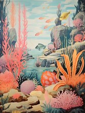 Vibrant Coral And Fish Scenes: Vintage Painting Showcasing Majestic Marine Life