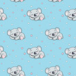 sleeping koala on a blue background for boys with hearts seamless endless pattern vector illustration