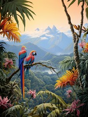  Vibrant Tropical Birds Mountain Landscape Art: High-Altitude Species Murmuring at Sunrise