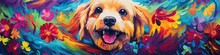 Portrait Of Funny Smiling, Colorful Dog With Color Painting Around, Animal Concept