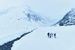 Eine Gruppe von modernen und jungen Freunden, die durch die Berge in einer Winterlandschaft bedeckt mit Schnee rennen und sich freuen
