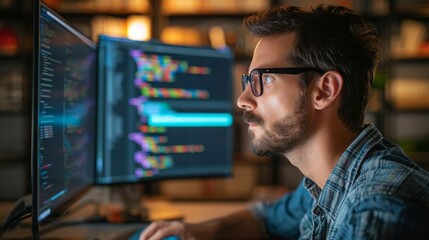 Young male programmer writing program code sitting at the workplace with in the office