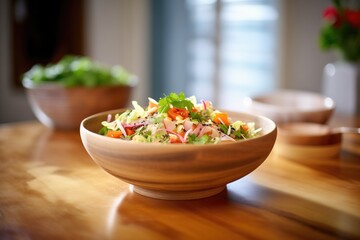 Wall Mural - mixed salad sprouts in a wooden bowl on a kitchen counter
