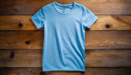 a clean and minimalist scene featuring a blank blue t-shirt meticulously placed on a textured wooden background. Emphasize the simplicity of the composition, allowing the white shirt to stand out aga
