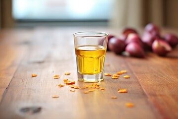 Wall Mural - beetroot halves beside a full glass of juice, focus on the droplets