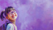 Happy International Women's Day abstract painted illustration of an ambitious young asian school girl. Digital artwork of a little girl with imagination. Purple background. Copy space, AI generated