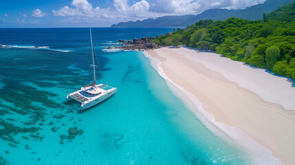 Wall Mural - Capturing the serene beauty of a pristine beach accentuates the vibrant turquoise and emerald hues of the water against the white sand, evoking a sense of tranquility and serenity. Ocean beach island.