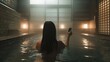 frontal shot, a  girl taking a selfie in the water, long black hair modern hot spring hotel, in the room, 