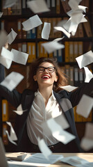 Poster - Young happy successful employee, business woman, corporate lawyer, wears a classic formal suit, glasses, works in the office, throws away paper bills, celebrates freedom from routine work