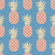 Pineapple Ornament On A Blue Background, In The Style Of Richly Detailed Backgrounds, Vintage Graphic Design, Muted, Pastel Colors, Seamless Pattern For Prints On Fabric, Printed Products