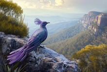 Artistic Composition Featuring A Lavender Lyrebird Perched On A Rocky Ledge Surveying Its Mountainous Domain With A Regal Presence