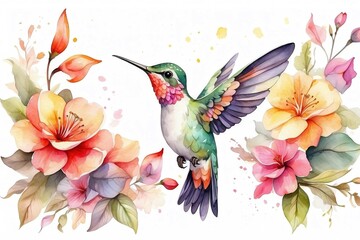 Wall Mural - A illustration watercolor painting cute hummingbird and colorful flowers on white background