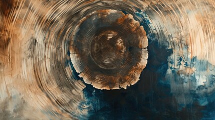 Wall Mural - Generative AI, Abstract watercolor wood stump rings or circles. Drawn poster design with blue, brown and beige colors. 