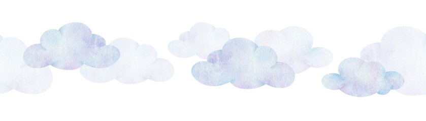 Air clouds. Children's background. Watercolor baby seamless border. Isolated. Design for kid's goods, postcards, baby shower and children's room