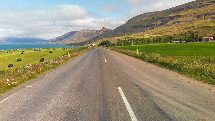 Wall Mural - Aerial view of rural traditional house and farm field at small village in Svalbardseyri near Akureyri, Iceland