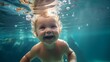 Close-up portrait of a happy newborn baby swimming underwater in the sea or pool. Healthy lifestyle, Tempering, Sports, Infant swimming concepts.