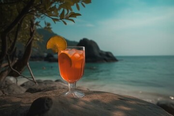 Refreshing drink on exotic shore with trees and vibrant shore. Generative AI