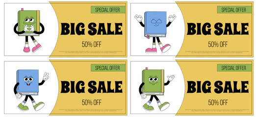 World book day banners set. Funky character book with psychedelic smile. Retro mascot cartoon style. Bookstore big sale, special offer, coupon. Vector illustration