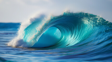 Wall Mural - Big wave breaking at sunset stock, Close up detail of powerful teal blue wave breaking in open ocean on a bright sunny afternoon stock, White Wave Breaks Through Blue Seas Background, teal blue wave