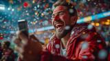 Fototapeta  - Positive, happy, emotional businessman holding mobile phone and celebrating money win. Sports betting. generative ai