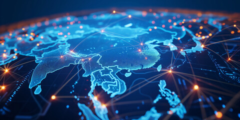 digital map of asia, concept of global network and connectivity, data transfer and cyber technology,