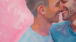 Valentine's Day abstract painted illustration of a gay couple kissing, pink background. Closeup painting of a gay male couple embracing and in love. Copy space. AI generated