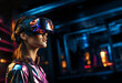 © k_e_n - Young woman wearing virtual reality goggles in the city at night. Future technology concept.  Generative AI