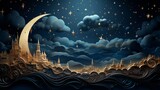 Fototapeta Kosmos - Fantasy night scene with moon and ornate cityscape under starry sky.