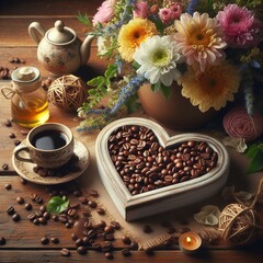 Wall Mural - A heart of coffee beans on the table and flowers