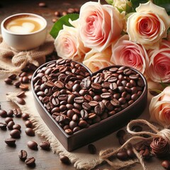 Wall Mural - A heart of coffee beans on the table and flowers