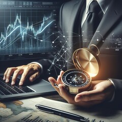 Businessman holding compass in hands, and data analyzing with using laptop stock market graph