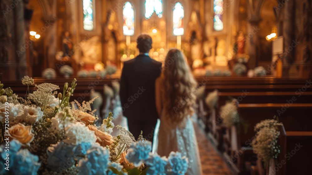 Sad, funeral and flowers with couple and coffin in church for death ...