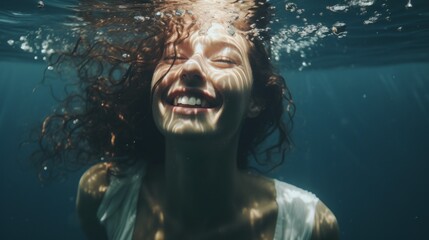 Poster - Close-up of a beautiful happy woman floating underwater in a pool or sea on a blue water background. Healthy lifestyle, Vacations, travel, Hobbies and recreation, Sports concepts.