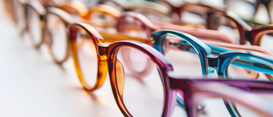 A Spectrum of Eyeglasses in a Row: A Close-Up View of Varied Hues and Fashionable Frames