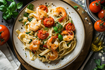 Wall Mural - fettuccine pasta with shrimp, tomatoes, herbs, wooden stand, top view