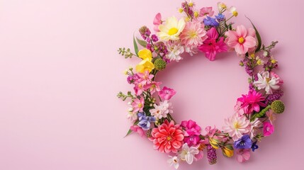 Poster - Spring wreath made of colorful flowers on pink background, place for text, holiday concept. Flat lay