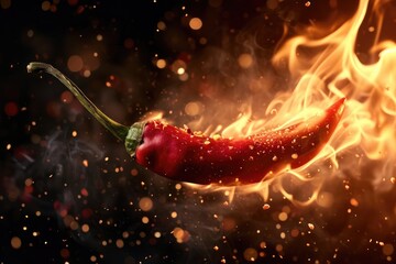 Wall Mural - burning red hot chilli pepper in fire on dark black background