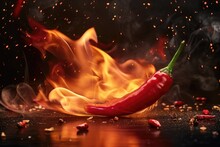 Burning Red Hot Chilli Pepper In Fire On Dark Black Background