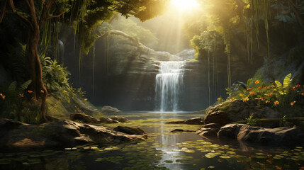 Wall Mural - beautiful waterfall in the jungle with the sun shining and some lotus flowers