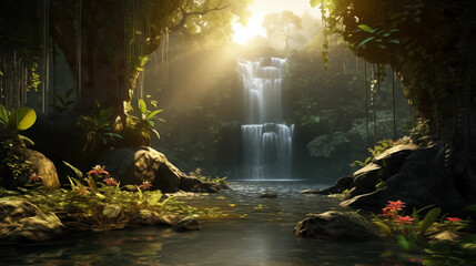 Wall Mural - beautiful waterfall in the jungle with the sun shining and some lotus flowers